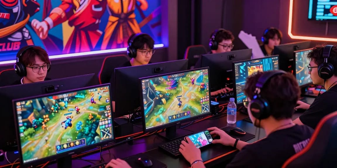 Exciting HITCLUB gaming scene with players engaged in competitive online games showcasing vibrant graphics and modern devices.