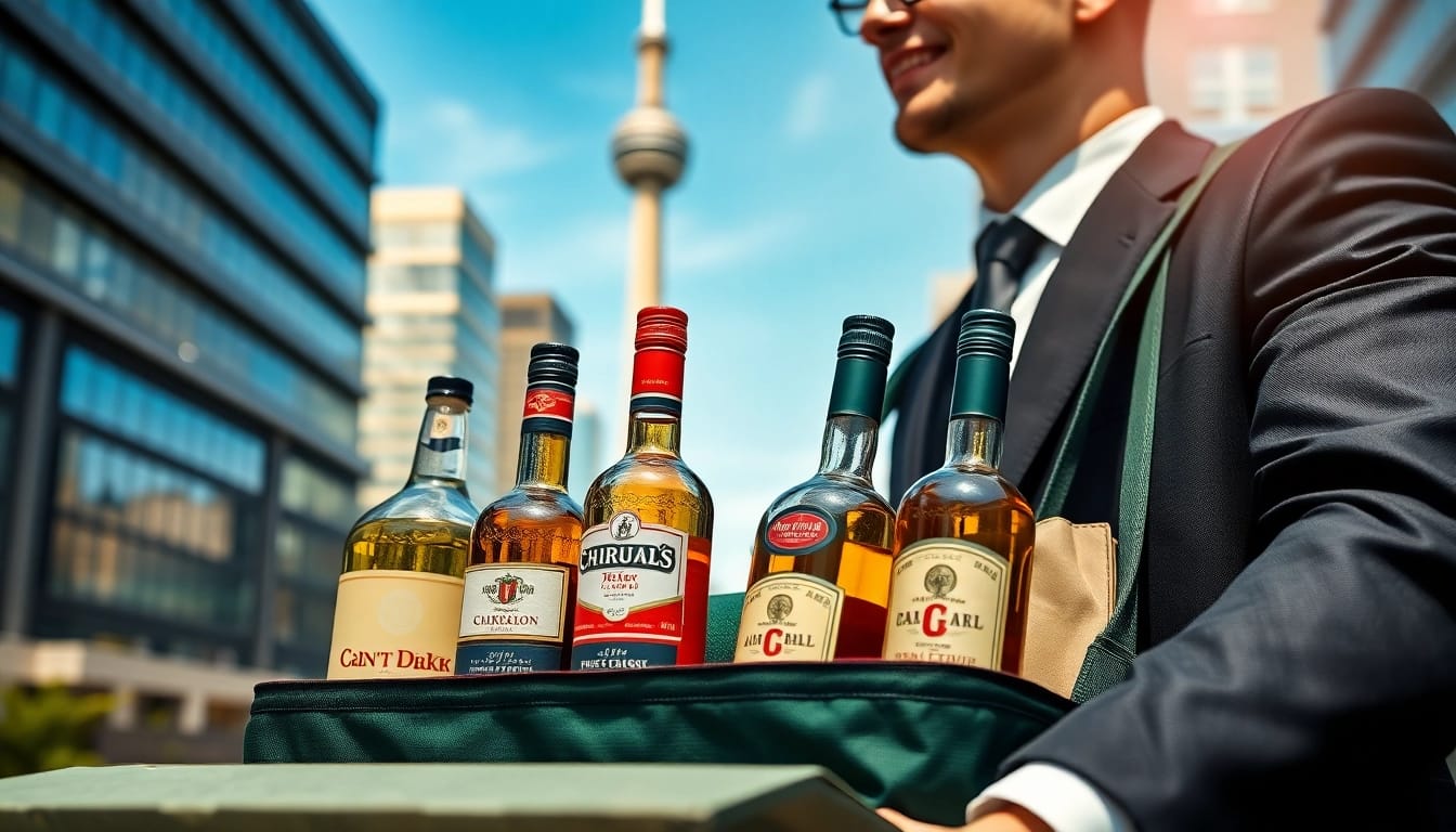 Liquor delivery Toronto featuring a delivery person with quality liquor bottles in bright Toronto.