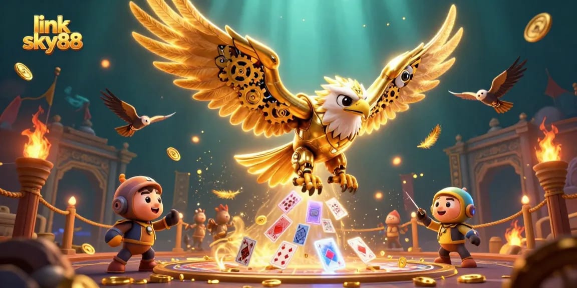 Experience the thrill of link sky88 with an action-packed illustration featuring a cybernetic eagle in a vibrant casino scene.