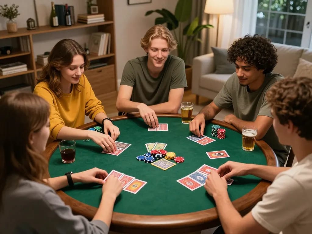Login Sky88 with friends enjoying a cozy poker night at home, vibrant chips and cards in play