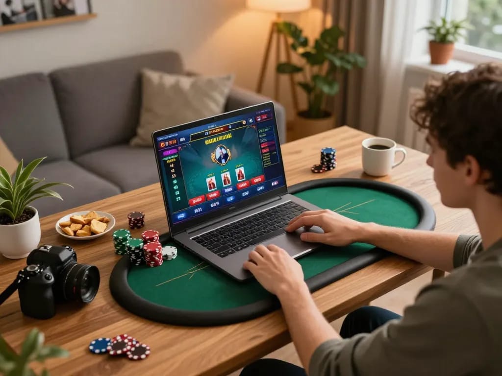 Engaging in online poker strategies with say88 at home in a cozy gaming setup.