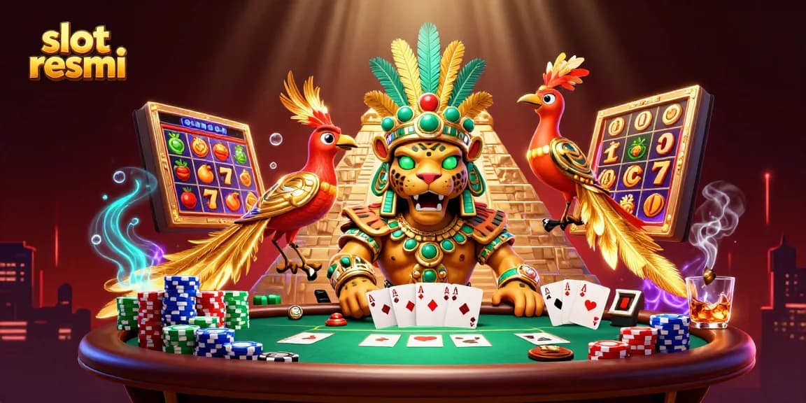 Engage with slot resmi in an energetic scene featuring a Mayan jaguar priest and vibrant casino elements.