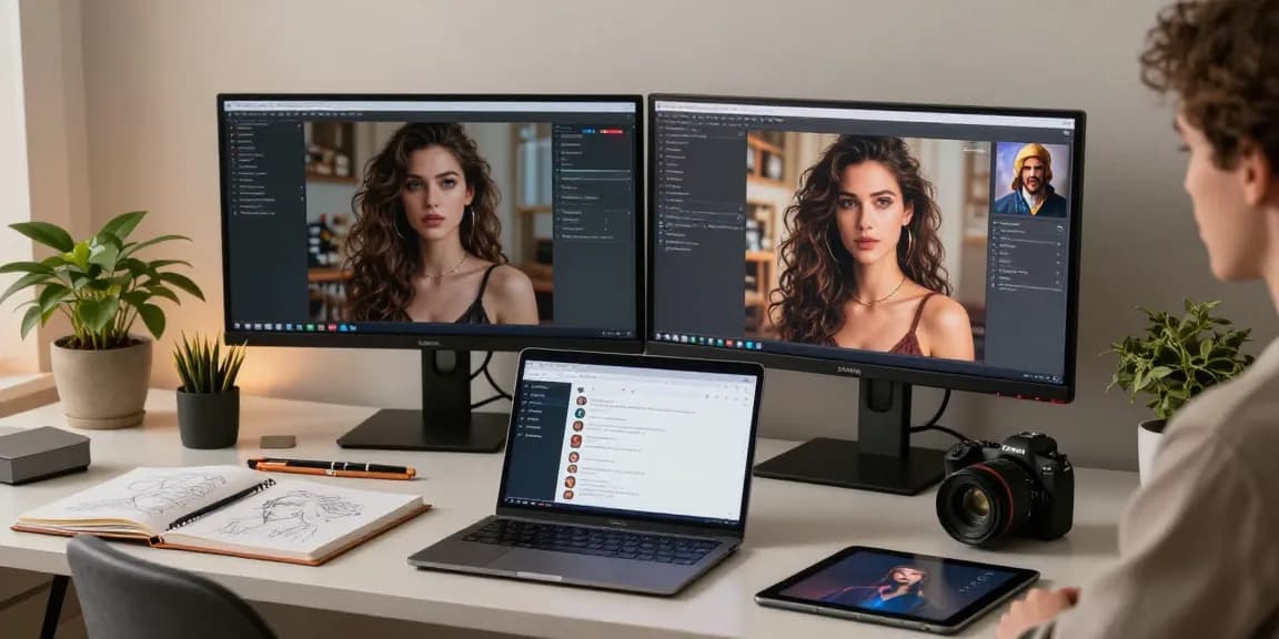 Engaging with an AI NSFW image generator in a modern home workspace filled with character visuals.