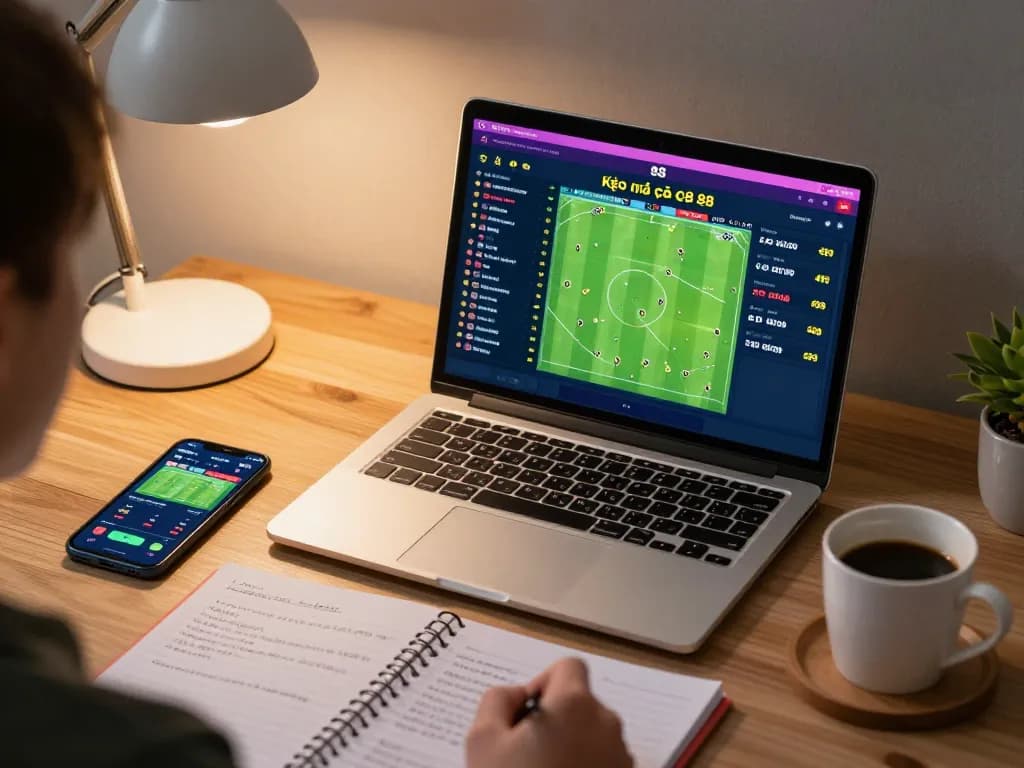 Engaging in sports betting with kèo nhà cái 88 displayed on laptop in cozy home setup, capturing strategy-focused gaming.