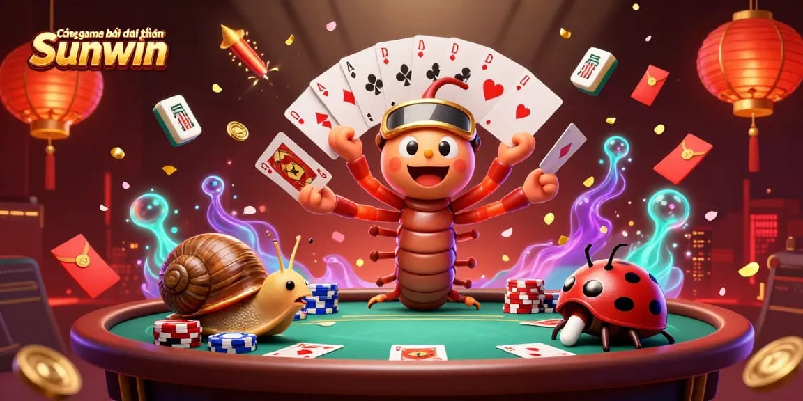 Cổng game bài đổi thưởng Sunwin showcases a vibrant casino scene with a millipede dealer and a high-roller snail among dynamic gaming elements.