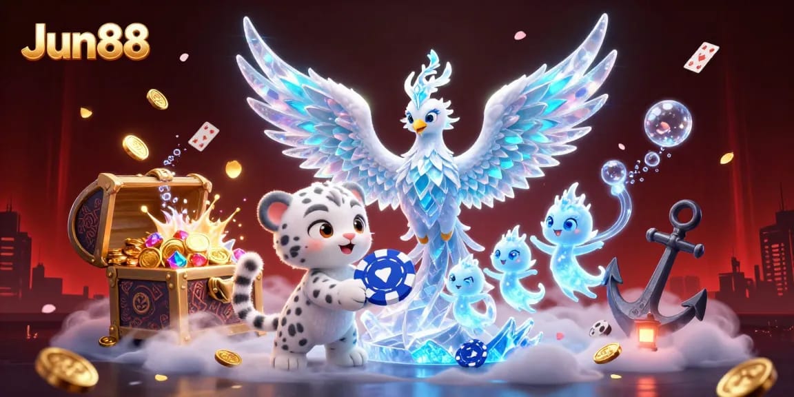 Experience the thrill at Jun88 as glowing ice sprites dance around a charming phoenix and snow leopard cub amidst a vibrant casino-themed scene.