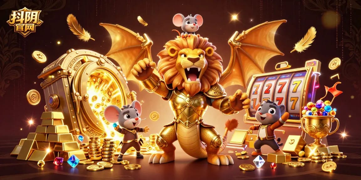 Experience the vibrant thrill of 抖阴官网 with a dynamic, golden armored chimera in a casino-themed scene.