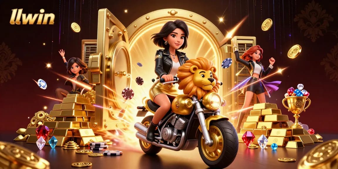Win big at llwin with a glamorous Asian woman riding a golden lion through a treasure-filled casino.