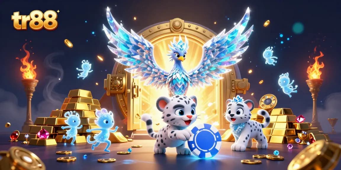 Experience excitement with tr88 at a vibrant casino, featuring an ice phoenix and treasures.