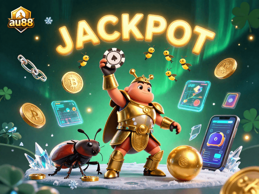 Experience the thrill of au88 as victorious beetles celebrate a jackpot among vibrant digital elements.