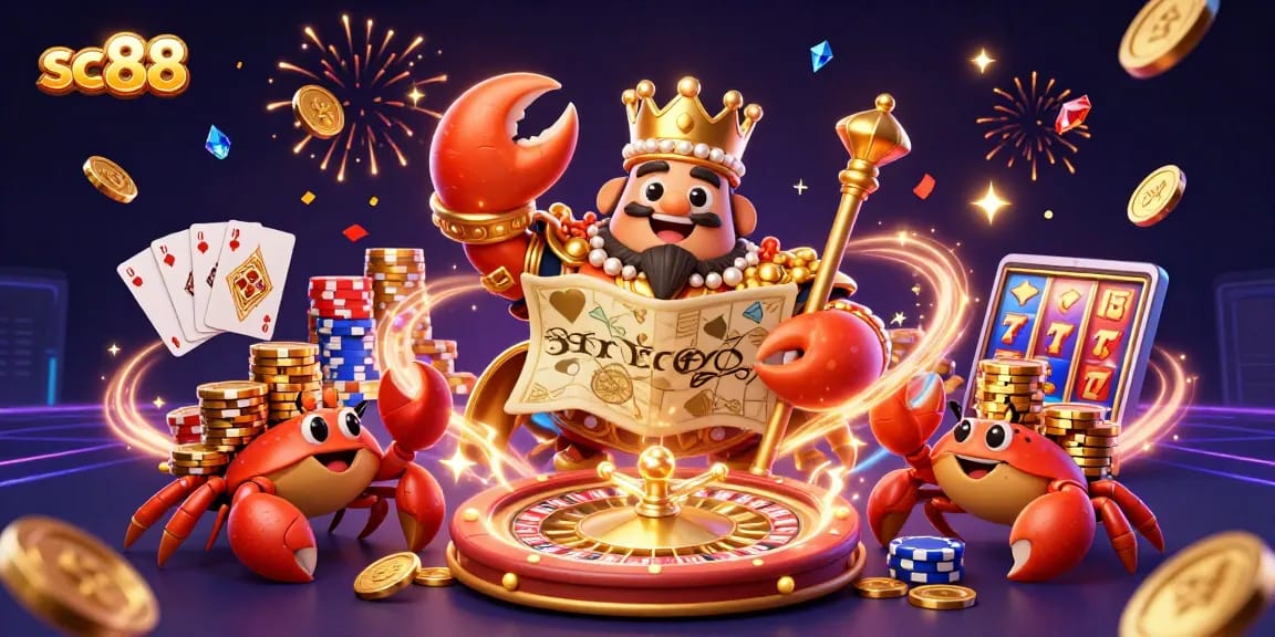 Experience the excitement of sc88 gaming with a golden crab emperor and vibrant casino elements.