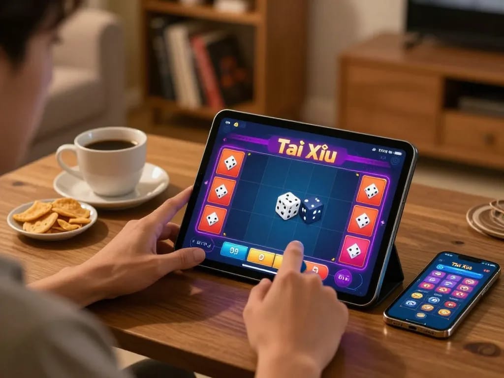 Tài Xỉu online gaming session showing a player engaging in dice betting on a tablet.