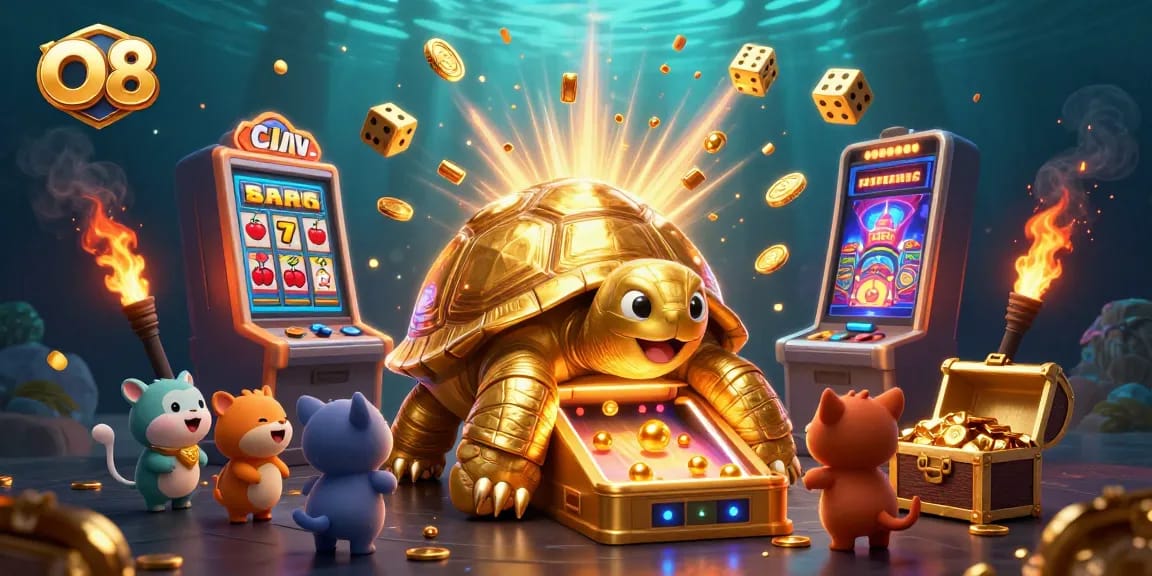 Experience O8's exciting games with a golden tortoise pinball and slot machines bursting with jackpots.