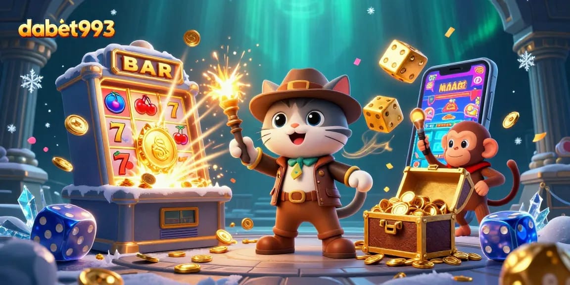 DABET993 showcases an adventurous cat and monkey uncovering casino treasures amidst dynamic gaming elements.