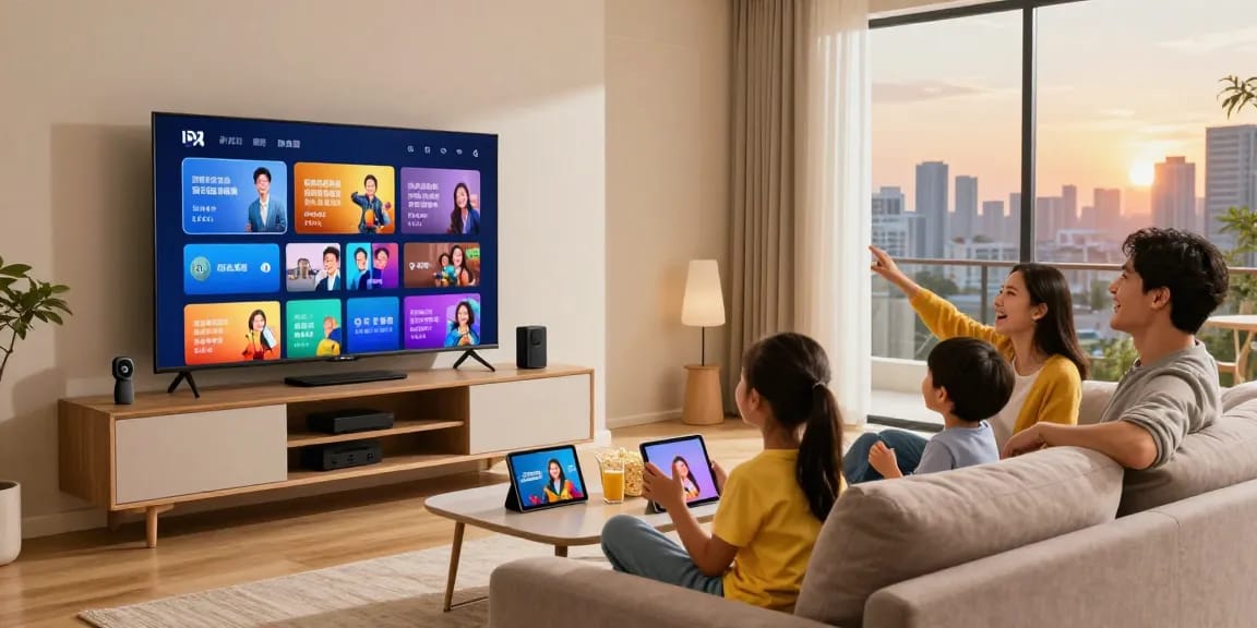 Family enjoying IPTV streaming in a cozy living room with a smart TV.