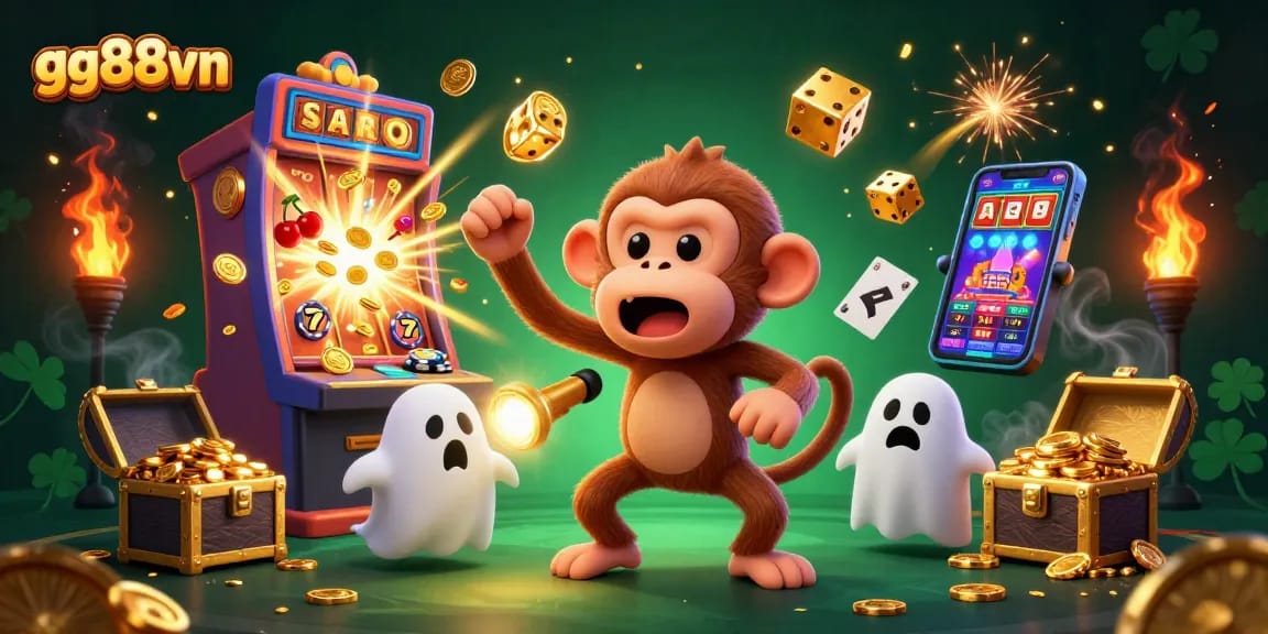 Experience exciting trends in gambling with gg88vn as a monkey juggles symbols and golden elements.