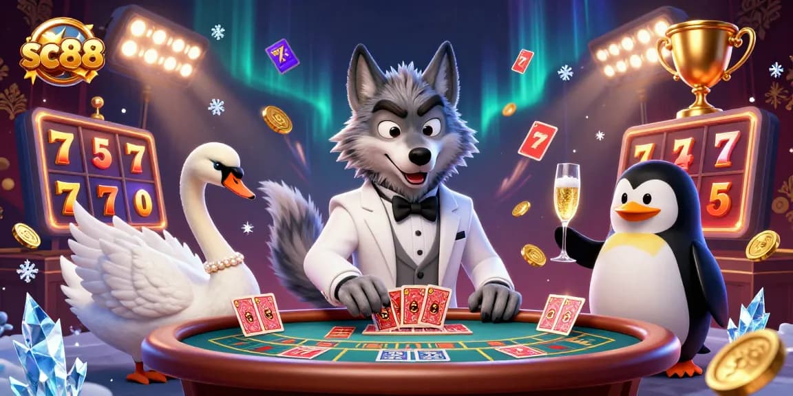 Experience thrilling gaming action at SC88 as a debonair wolf plays baccarat with an elegant swan dealer.