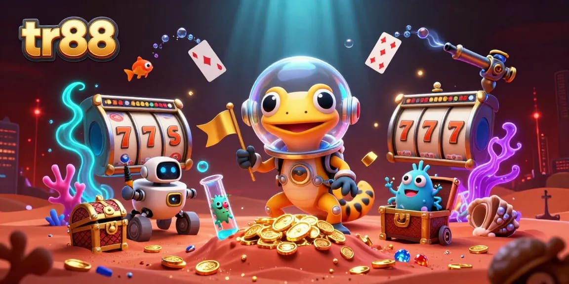 Experience excitement at tr88 with a Martian gecko discovering a golden casino in vibrant 3D!