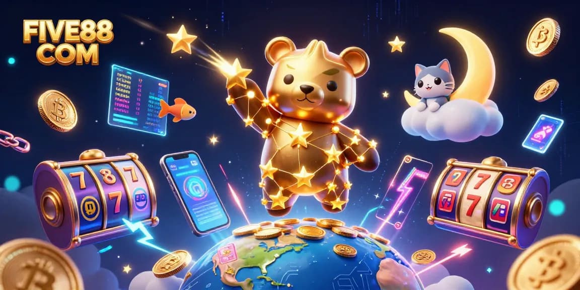 Engage with FUN slot rewards at FIVE88 COM with a constellation bear scooping coins!
