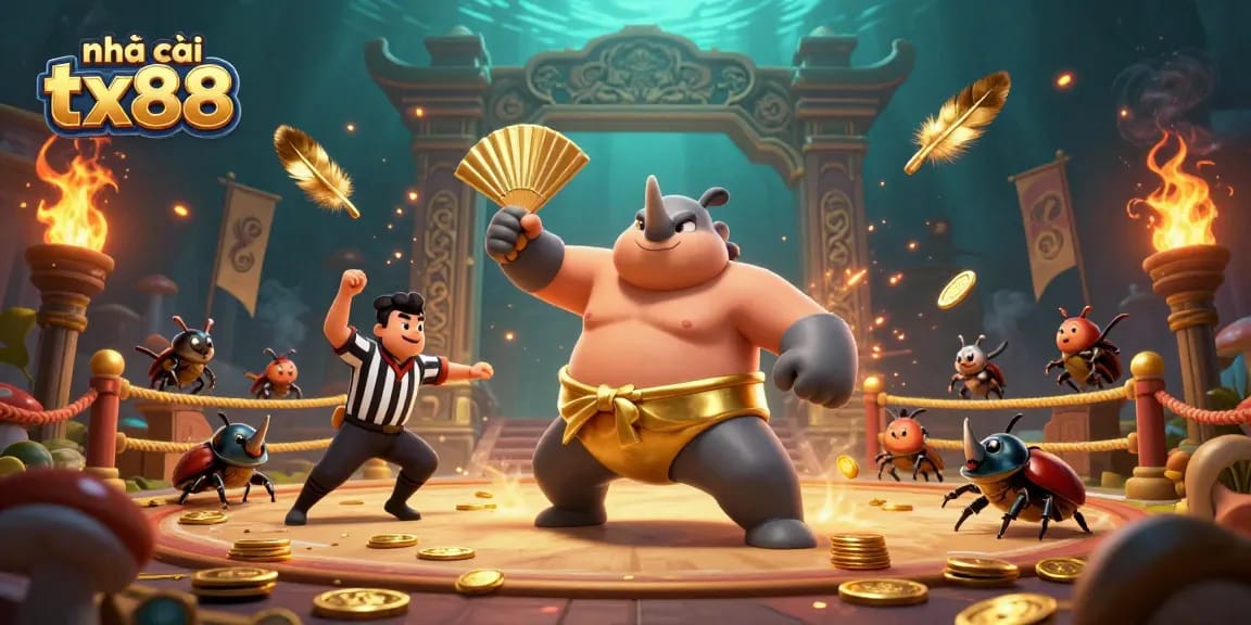 Experience thrilling action at nhà cái tx88 with a sumo beetle champion amid gold coins and an exhilarating arena.