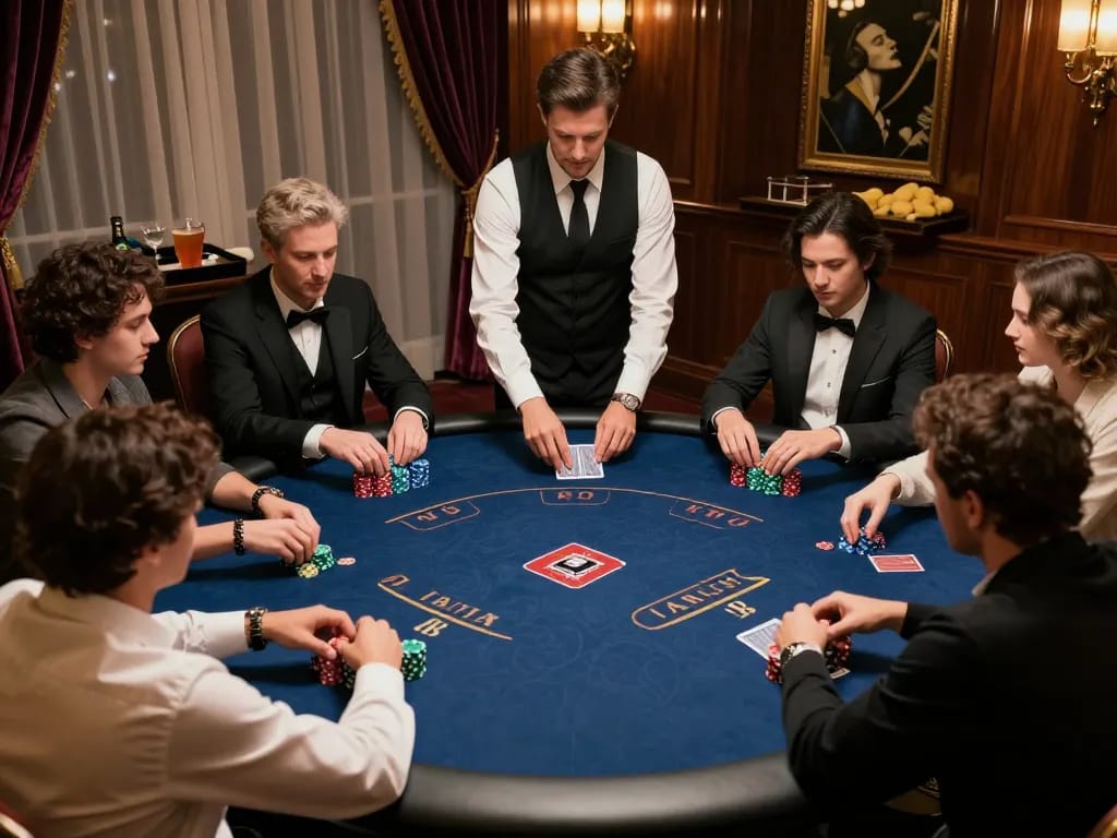 Engaged players at a Rik88 online poker game in a luxurious setting, showcasing strategic gameplay and camaraderie.