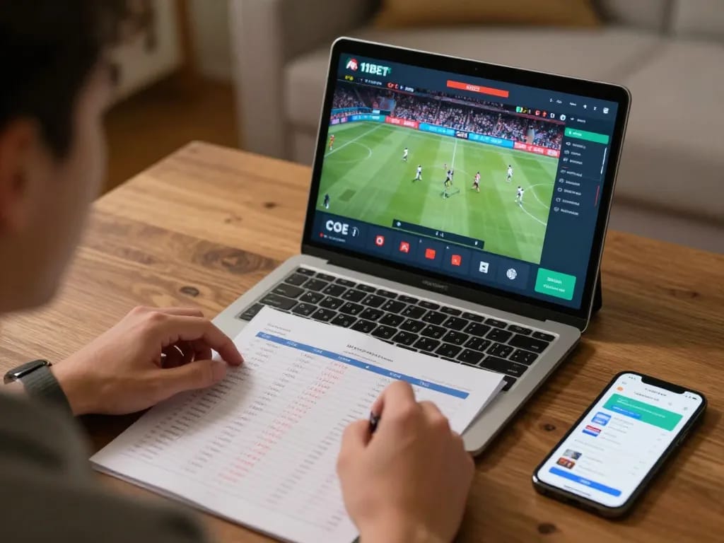 Experience the excitement of 11 bet with live sports betting on a tablet in a cozy home setting