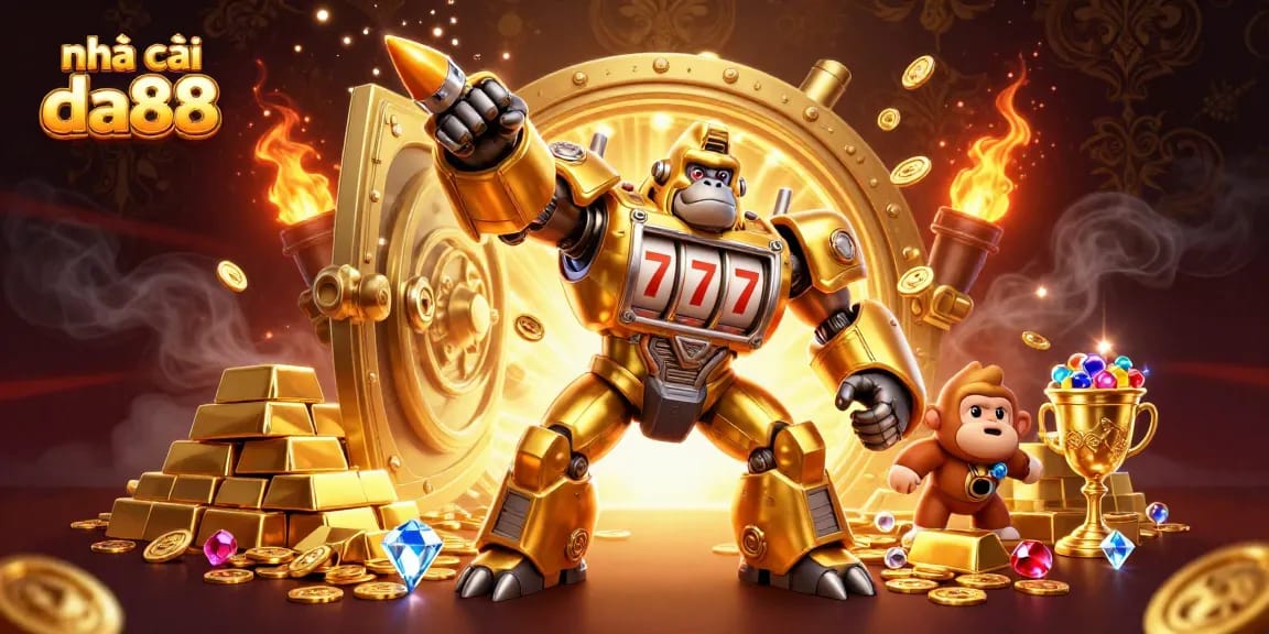 Engage with nhà cái da88 through this dynamic illustration of a golden gorilla mech amid casino treasures.