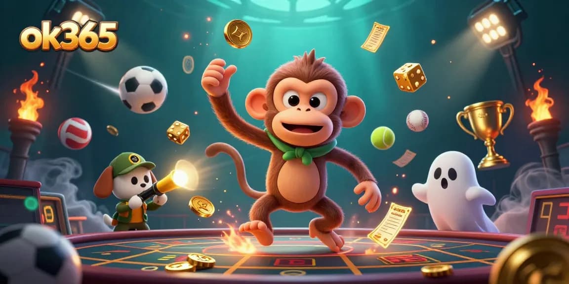 Experience fun gaming action at ok365 with a poltergeist monkey juggling golden casino treasures.