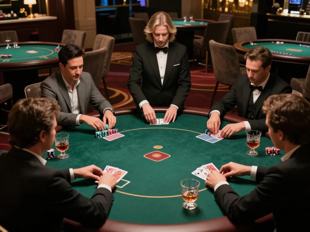 Players engaged in a high-stakes poker game at Lu 88's exclusive VIP area, showcasing luxury and strategic gameplay.