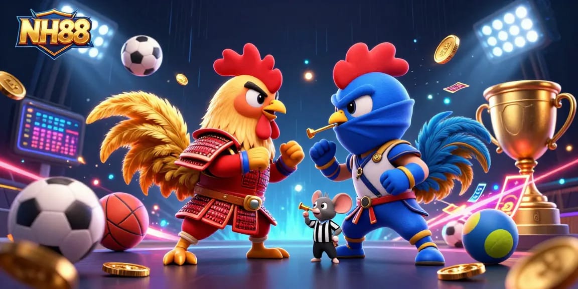 Witness NH88's thrilling showdown between samurai and ninja roosters in an electrifying casino scene.