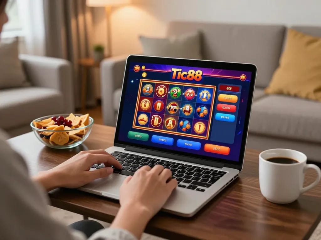 Tic88 online user enjoying an engaging gaming session on a laptop at home, highlighting the excitement of online gambling.