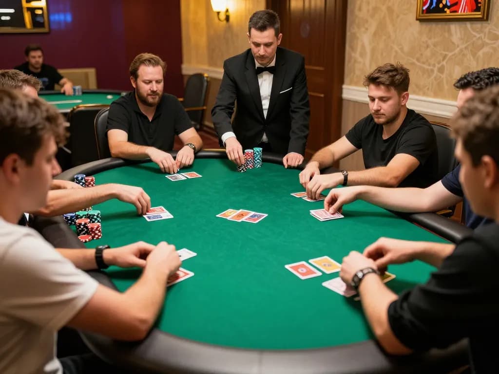 SUNWIN poker game in action with players placing bets and a dealer presenting cards.