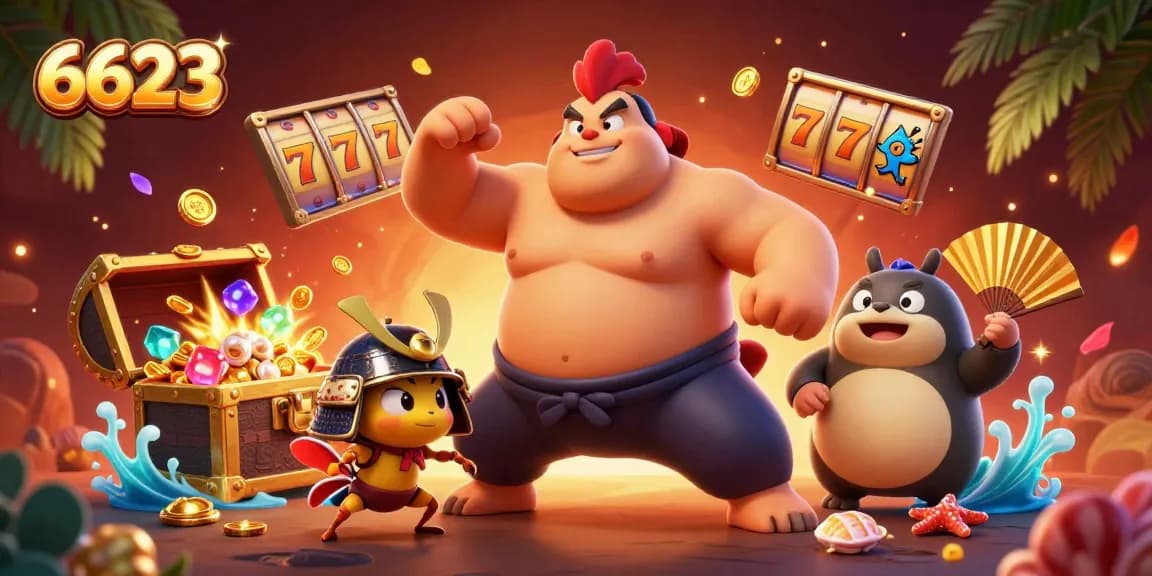 Engage with 6623’s thrilling gaming experience in a vibrant, colorful casino-themed illustration.