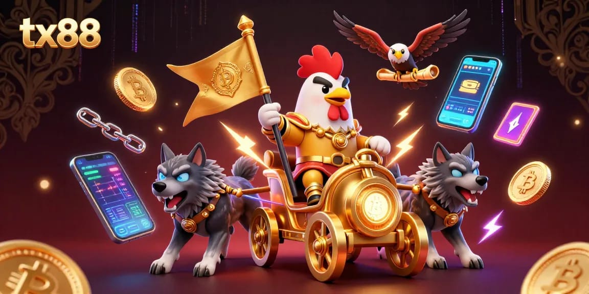 Experience the excitement of tx88 with a dynamic cartoon illustration showcasing a warlord and casino elements.