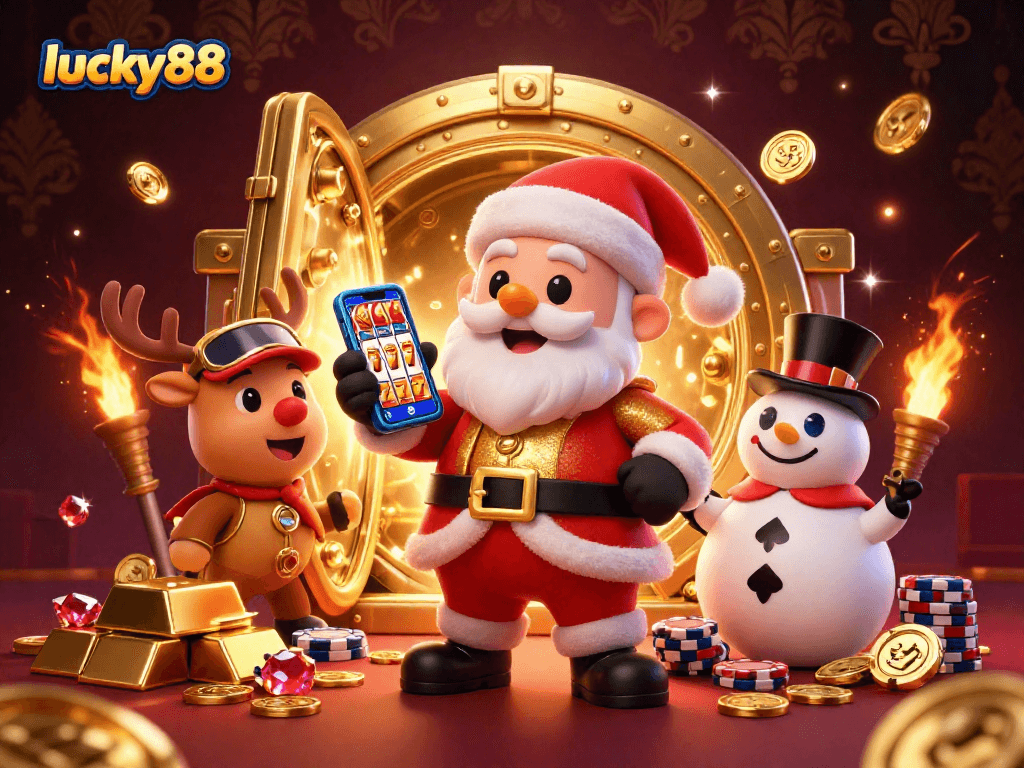 Experience exciting lucky88 action with Santa enjoying slots alongside casino elements in festive glory.