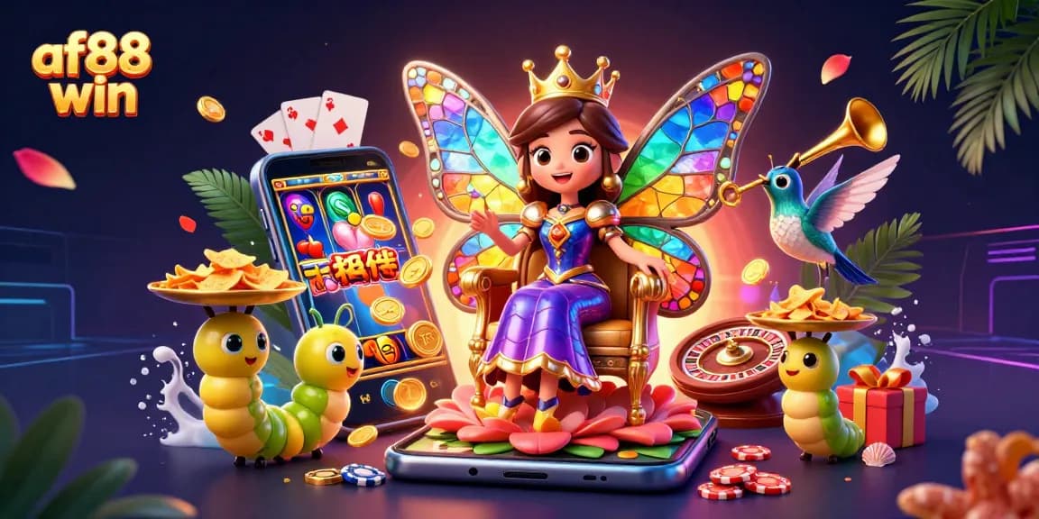 Experience af88 win with an enchanting 3D casino scene featuring vibrant games, characters, and tropical elements.