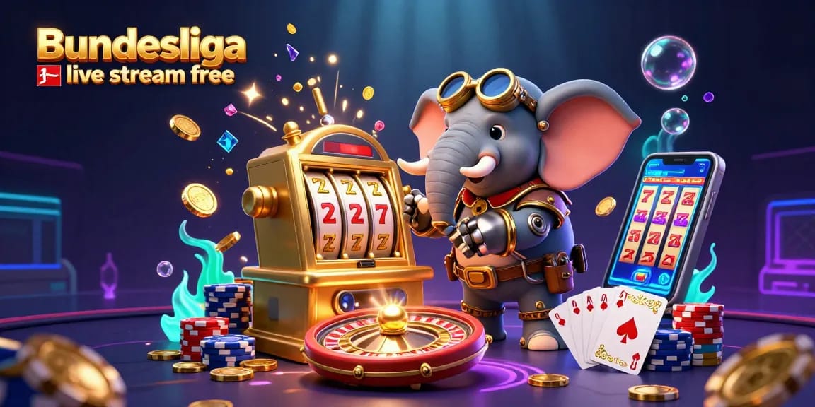 Experience Bundesliga live stream free with an interactive casino scene featuring steampunk characters and vibrant gambling elements.