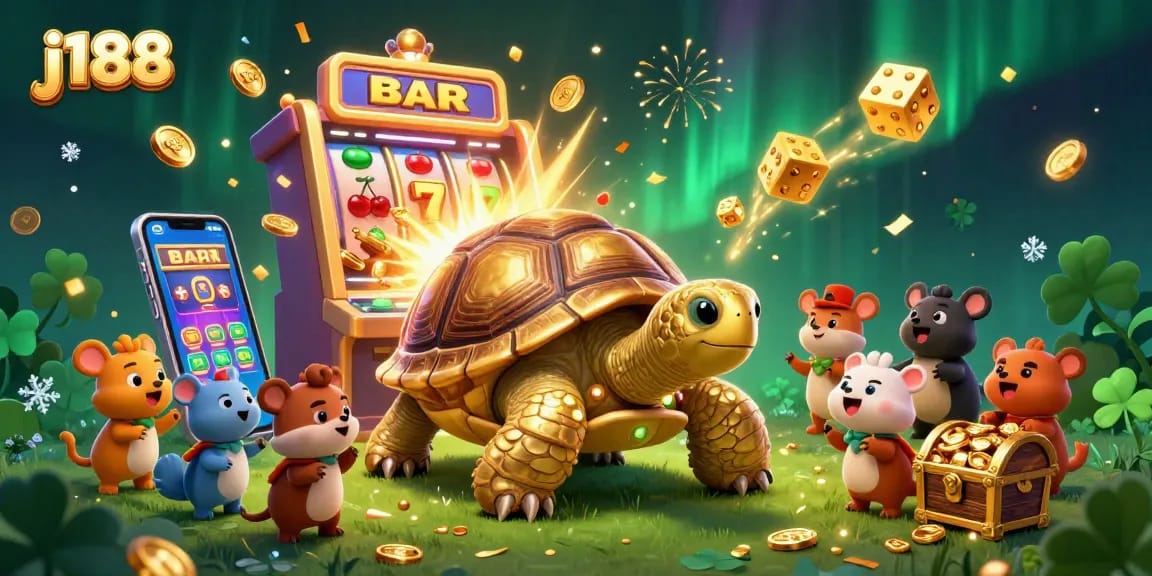 Experience the excitement of j188 with a colossal golden tortoise and jackpot slot machine in a lively casino scene.