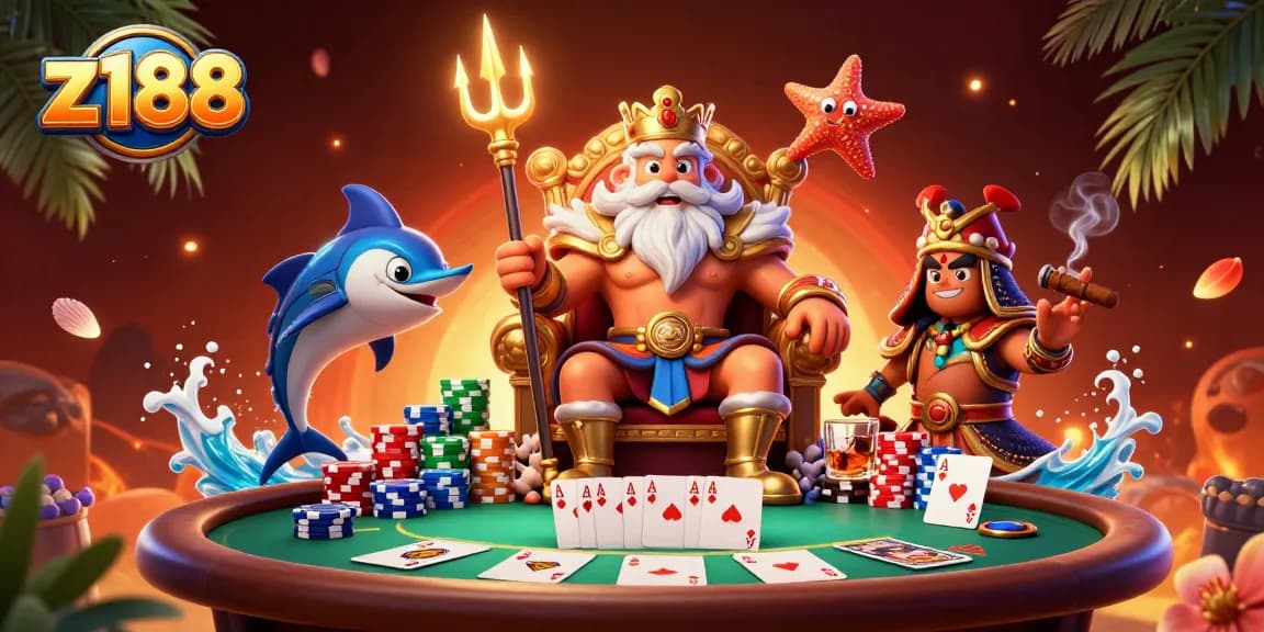 Z188 offers thrilling poker action with vibrant visuals and engaging characters in a lively casino scene.