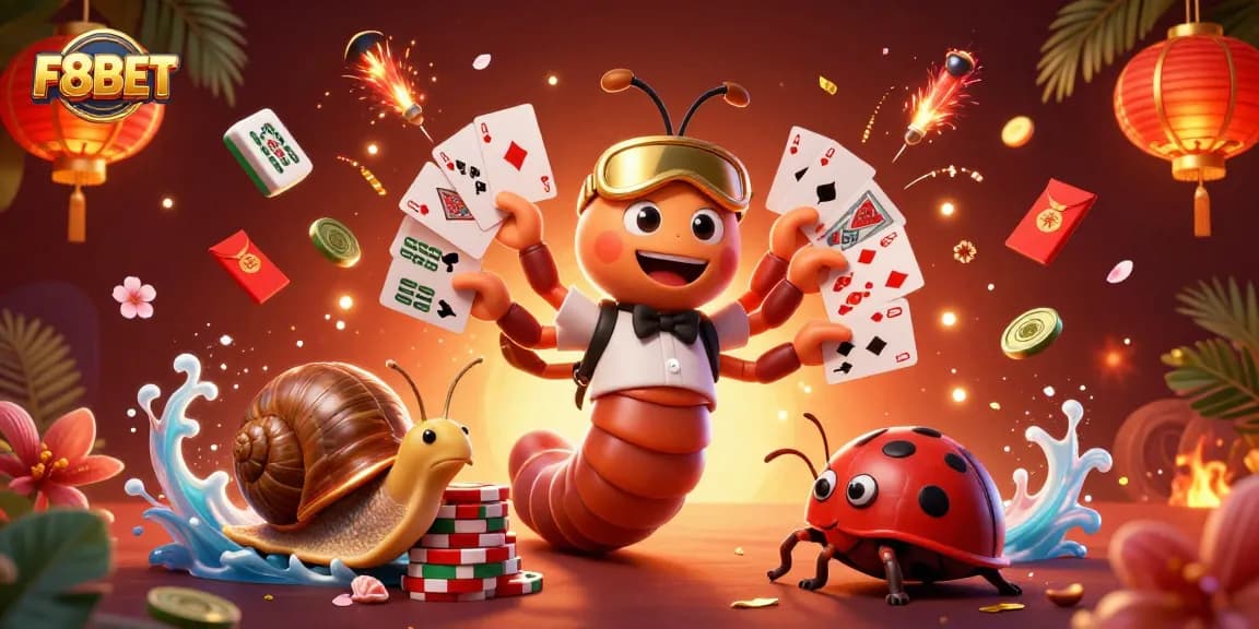 Experience F8BET excitement with a dynamic 3D illustration of gaming characters and vibrant casino elements.