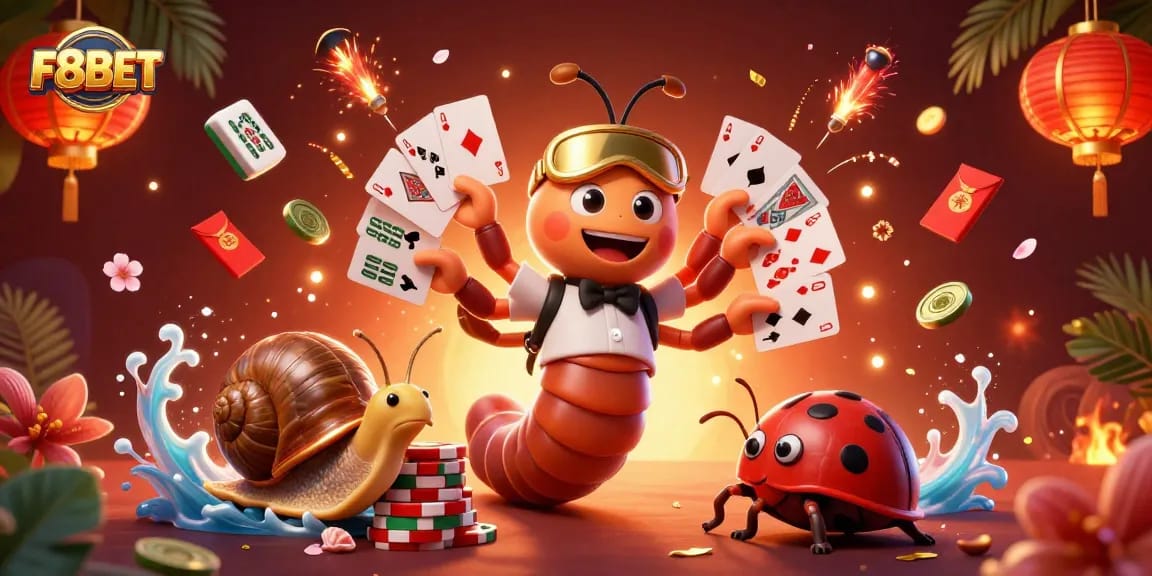 Experience F8BET excitement with a dynamic 3D illustration of gaming characters and vibrant casino elements.