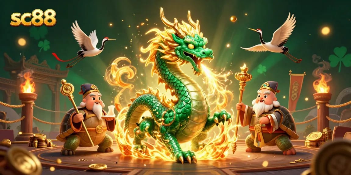 Win big with sc88 in a 3D illustration of dragon and turtle in a vibrant casino setting.