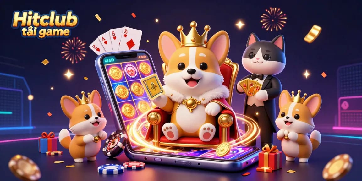 Engage with Hitclub tải game through a vibrant, dynamic casino scene featuring cartoon characters and gaming elements.