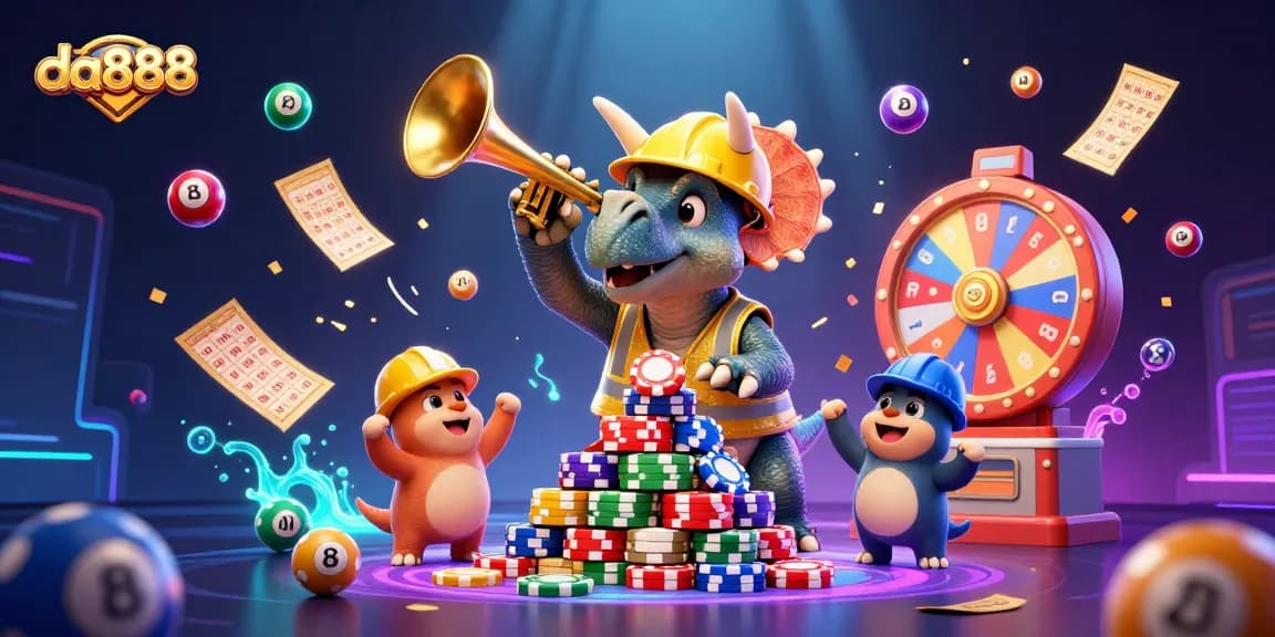 Engage with da888's vibrant gambling world, showcasing exciting games and casino elements in a dynamic 3D scene.