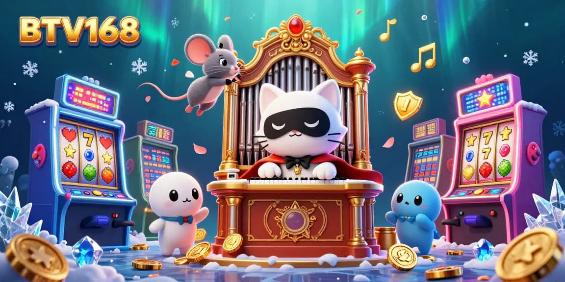 BTV168 captures the excitement of a casino with colorful slots, spinning reels, and animated characters.