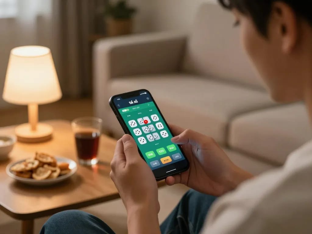 Player enjoying app tài xỉu on a smartphone in a cozy living room, emphasizing strategic online gaming.