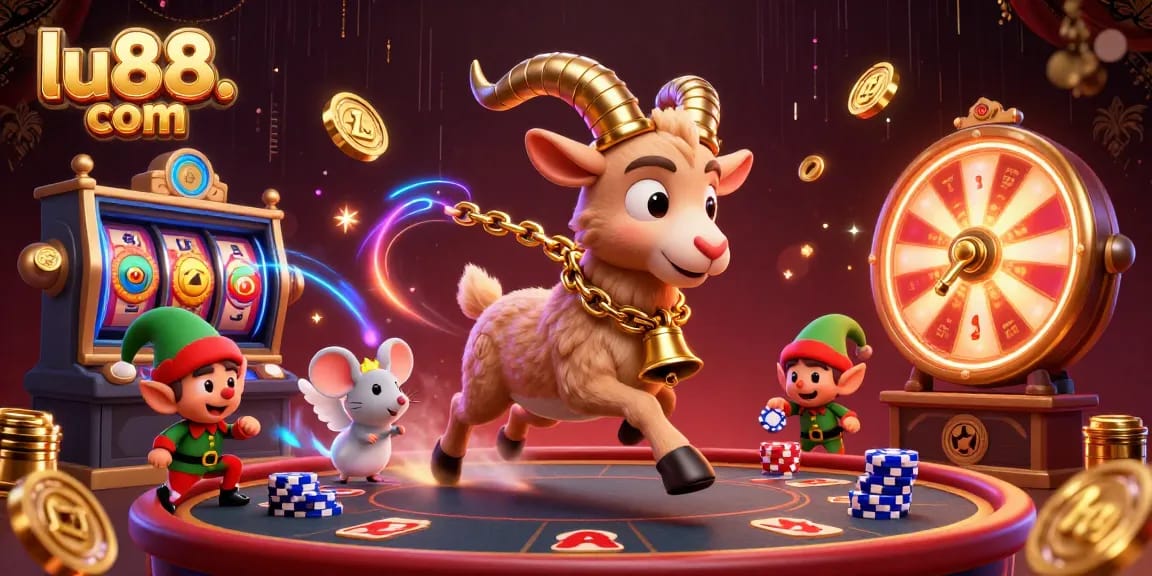 Experience thrilling gaming at lu88. com with dynamic casino action featuring a festive goat and mischievous elves.