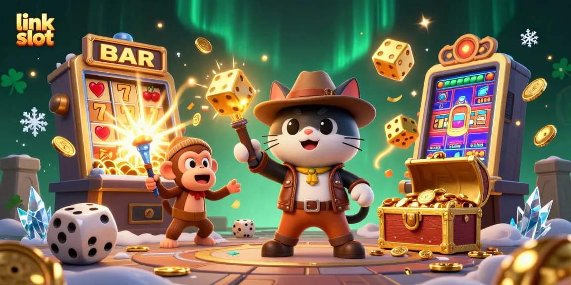 Mainkan link slot dengan karakter kartun eksplorator dan mesin slot di belakangnya.