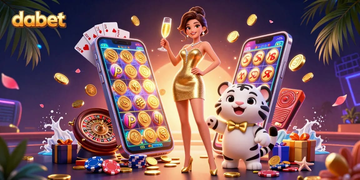 Experience exciting gameplay with dabet's vibrant casino scene featuring a glamorous woman and a lucky tiger.