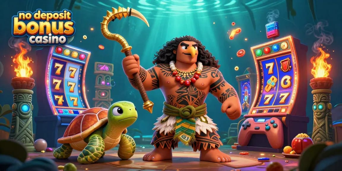 Engage with the no deposit bonus casino experience through vibrant casino-themed 3D art, showcasing lively characters and game elements.